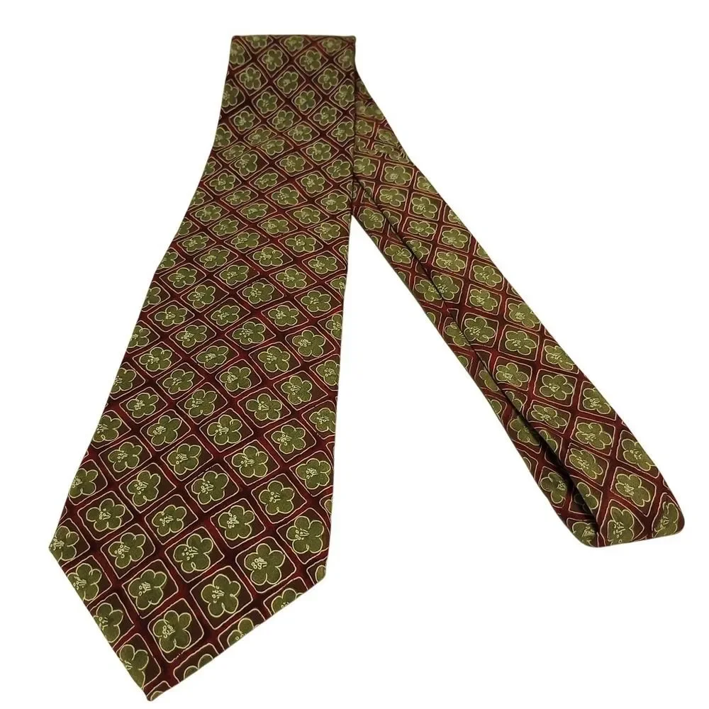 Lands End Mens‎ Tie Burgundy Green Floral Pattern Silk